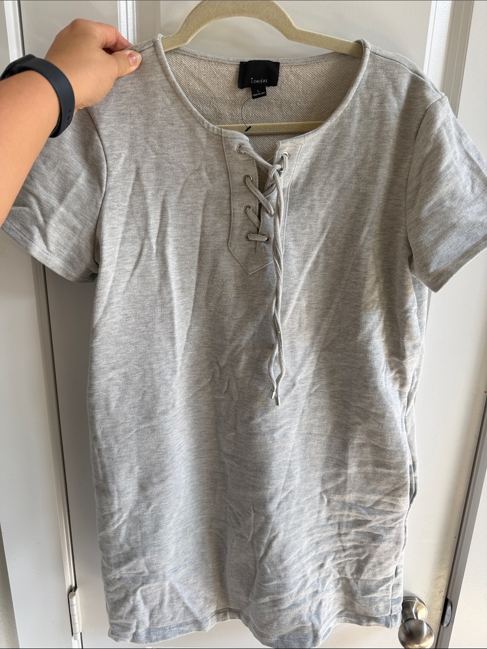 Lace-Up Short Sleeve Women's dress- Light Gray